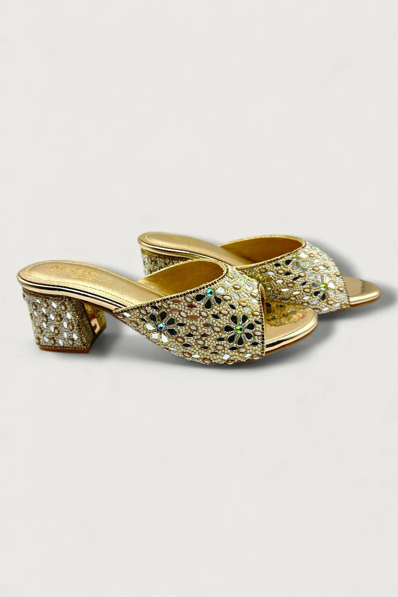 Gold Floral Mirror & Bead Embellished Block Heels Designer Festive & Wedding Footwear - Image 3