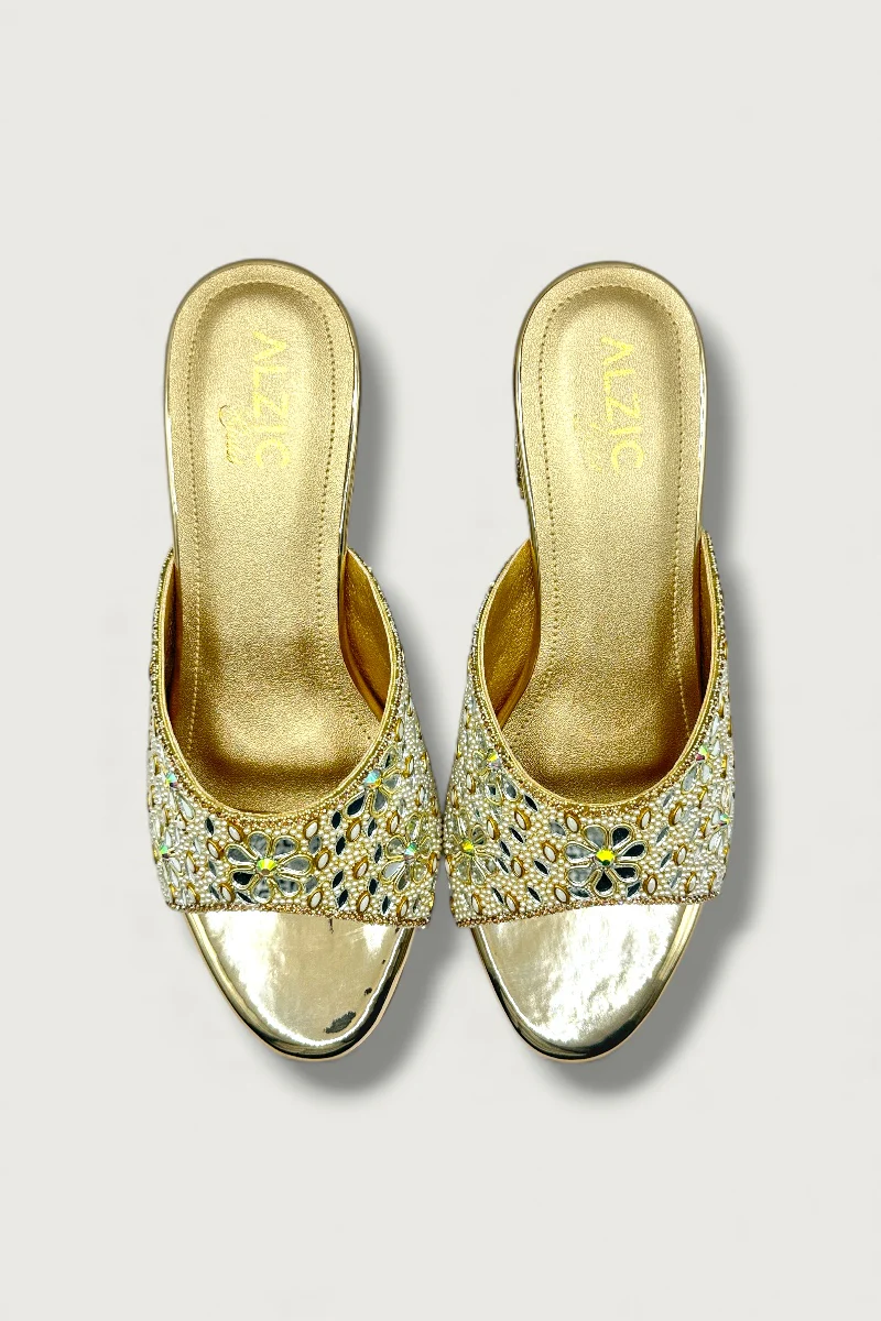 Gold Floral Mirror & Bead Embellished Block Heels Designer Festive & Wedding Footwear - Image 4