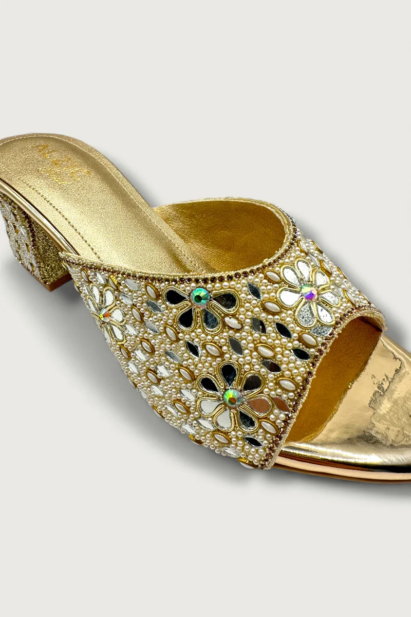 Gold Floral Mirror & Bead Embellished Block Heels Designer Festive & Wedding Footwear - Image 5
