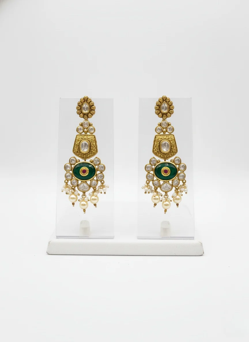 Gold & Green Heavy Bridal Kundan Choker Necklace Set with Pearls & Red Droplets - Image 2