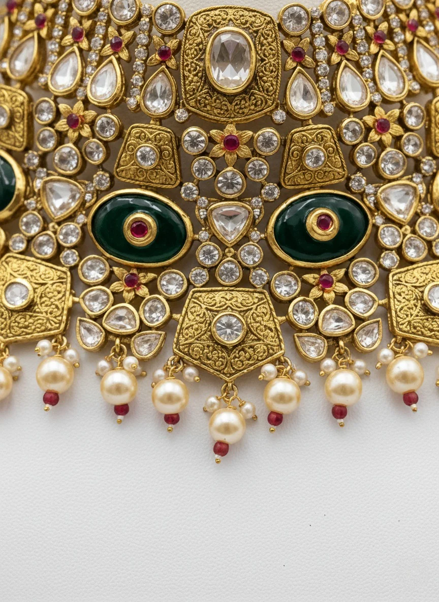 Gold & Green Heavy Bridal Kundan Choker Necklace Set with Pearls & Red Droplets - Image 3