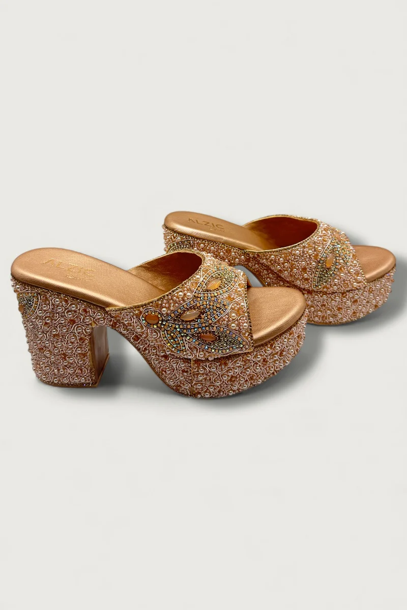 Gold Luxury Pearl & Crystal Hand-Embellished High Platform Designer Heels - Image 2