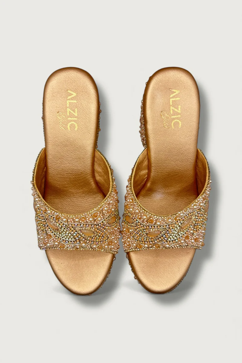 Gold Luxury Pearl & Crystal Hand-Embellished High Platform Designer Heels - Image 3