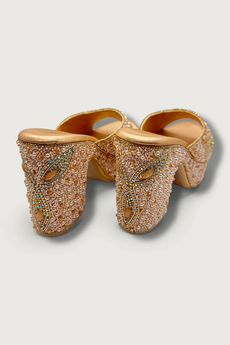 Gold Luxury Pearl & Crystal Hand-Embellished High Platform Designer Heels - Image 4