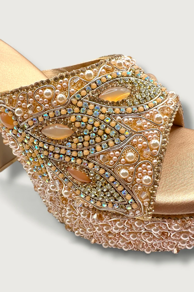 Gold Luxury Pearl & Crystal Hand-Embellished High Platform Designer Heels - Image 5