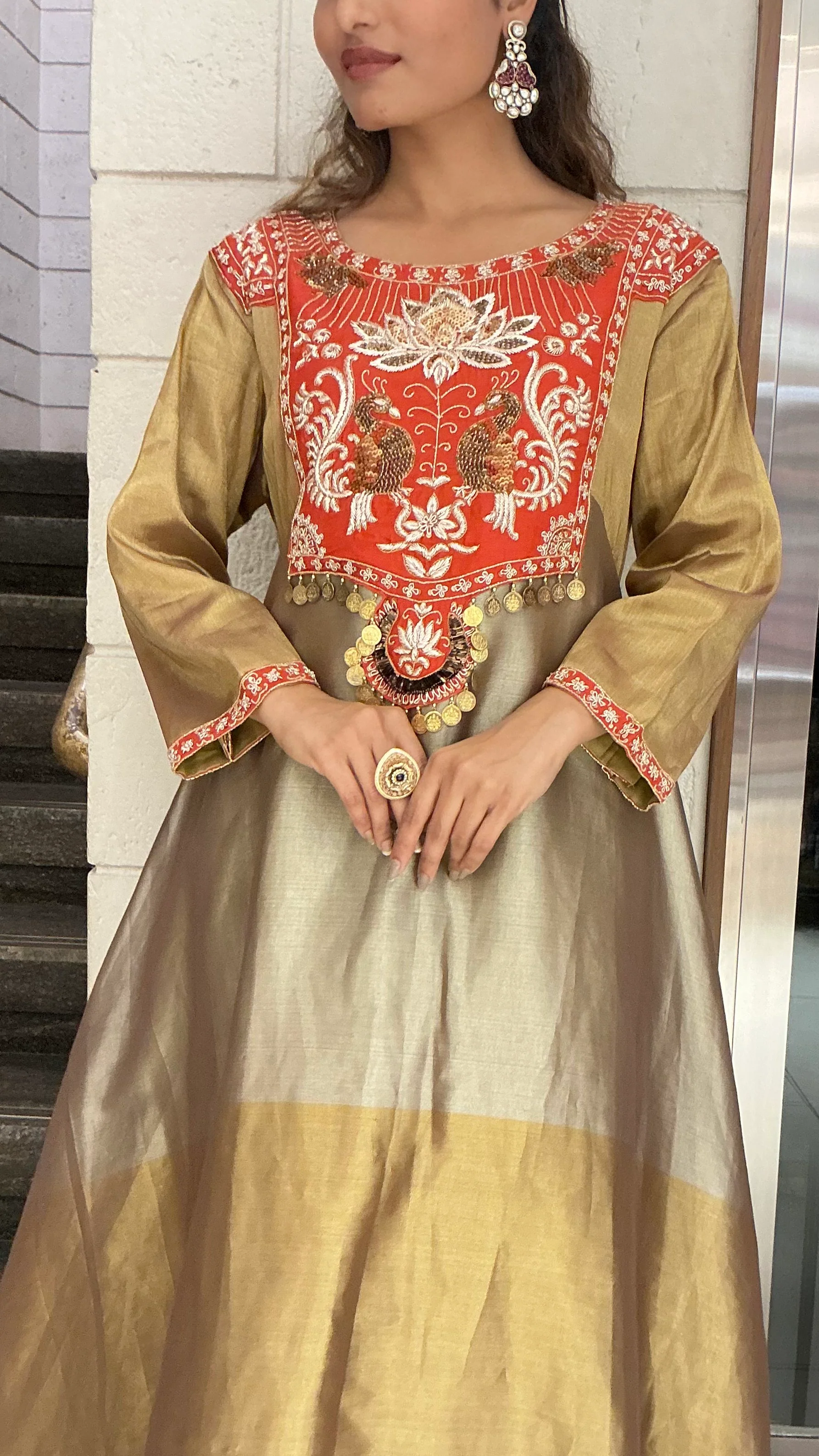 Gold & Olive Silk Blend Anarkali Gown with Traditional Embroidered Yoke - Image 2