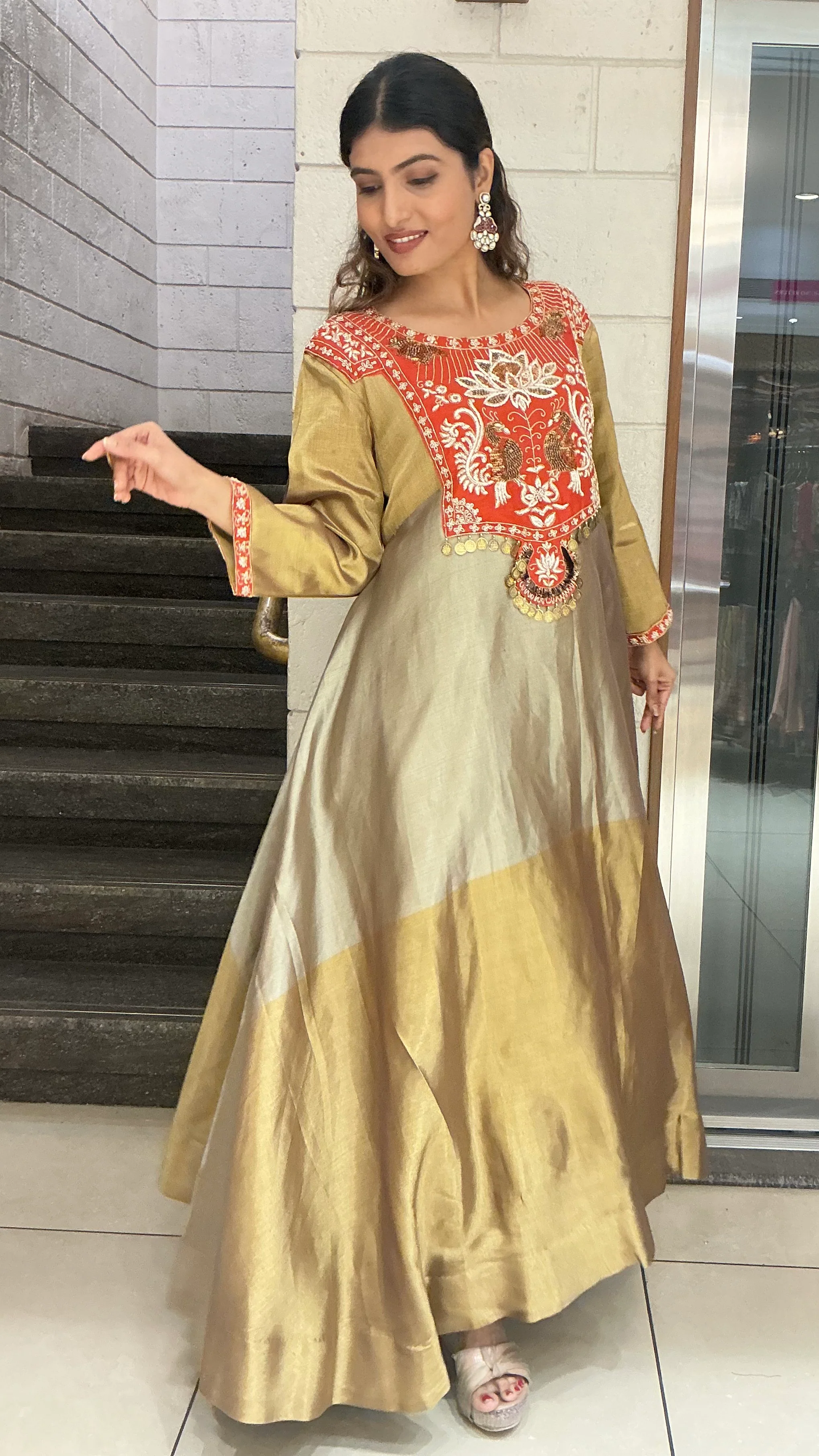 Gold & Olive Silk Blend Anarkali Gown with Traditional Embroidered Yoke - Image 3