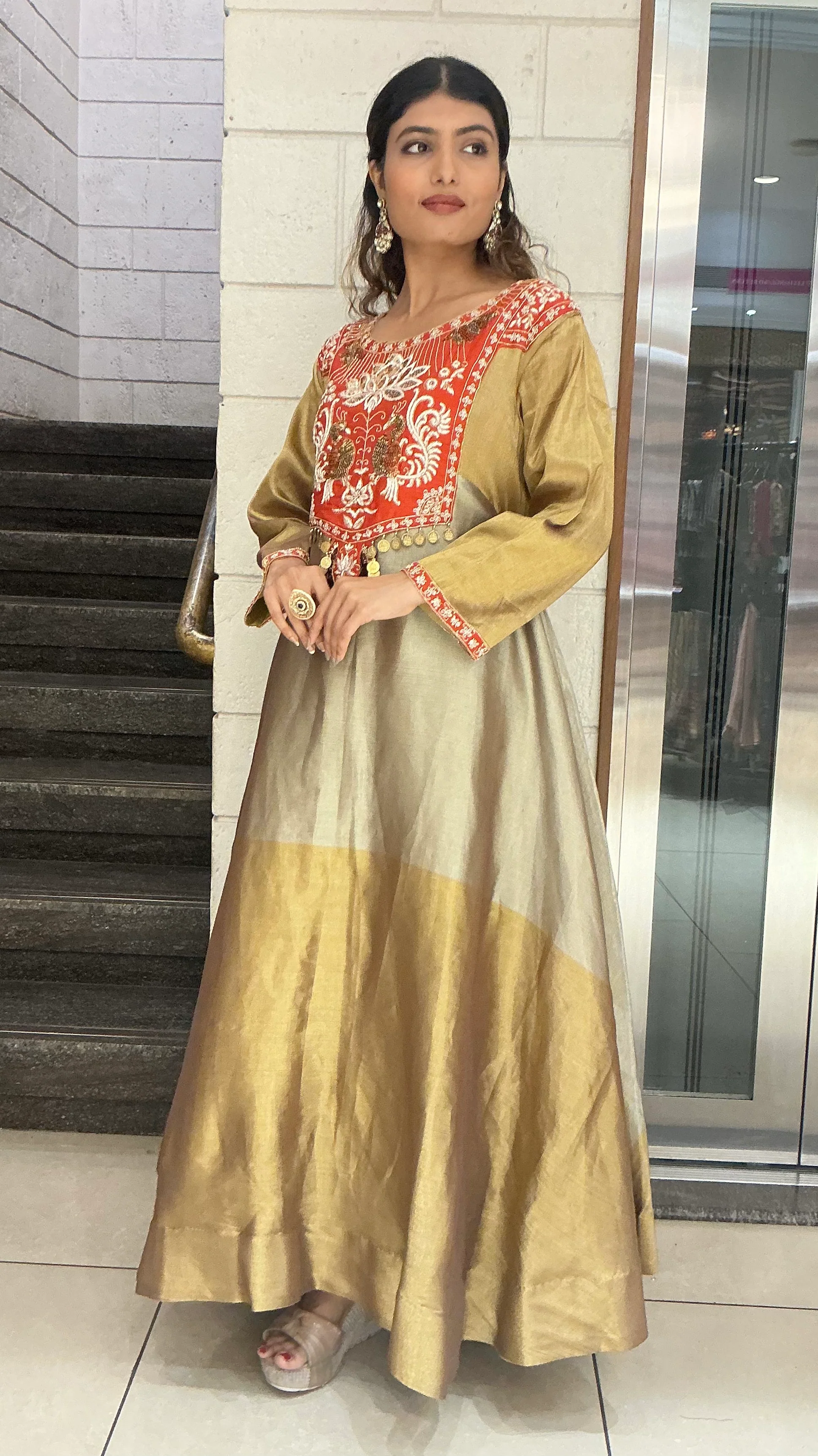 Gold & Olive Silk Blend Anarkali Gown with Traditional Embroidered Yoke - Image 4