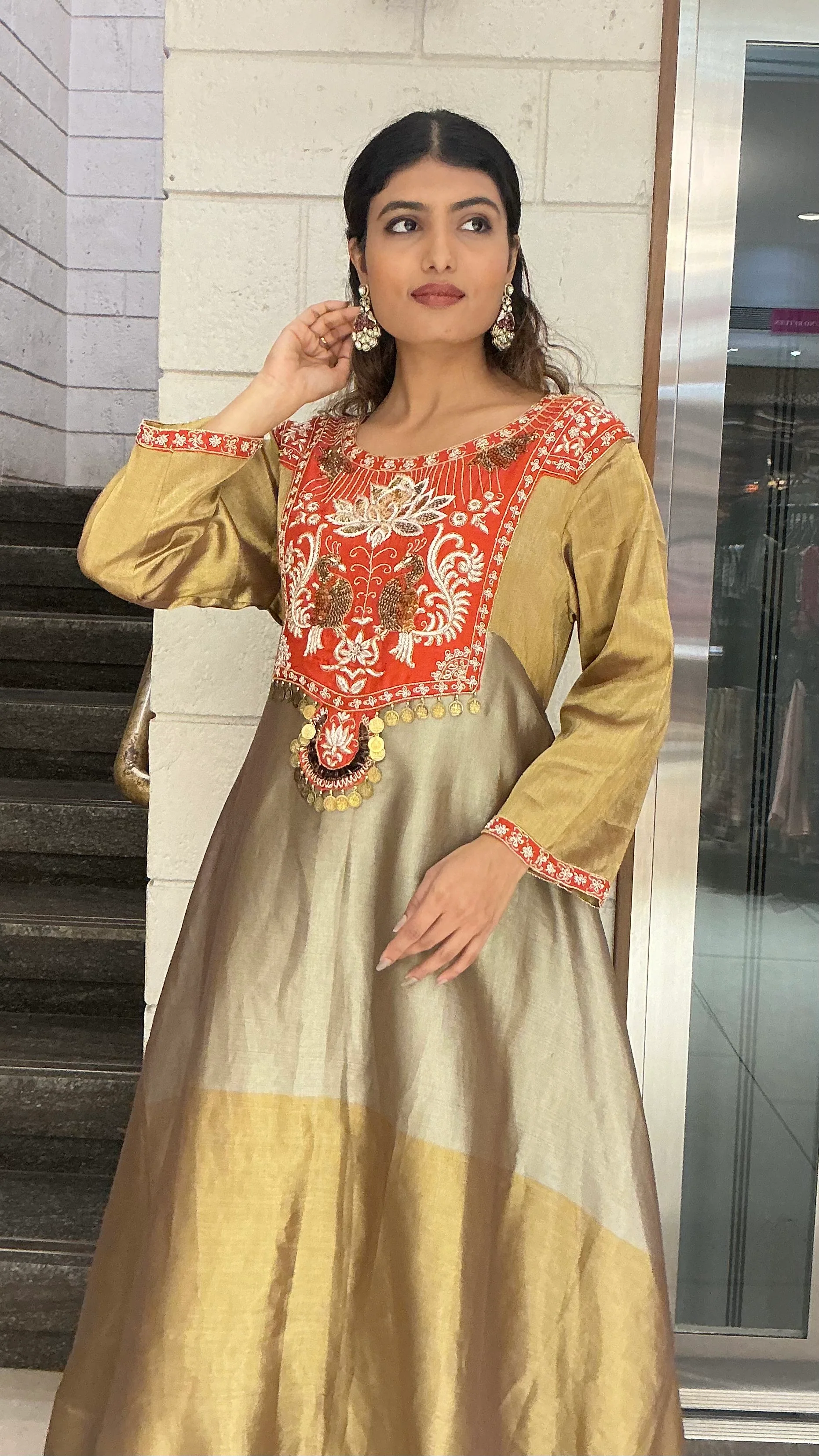 Gold & Olive Silk Blend Anarkali Gown with Traditional Embroidered Yoke - Image 5