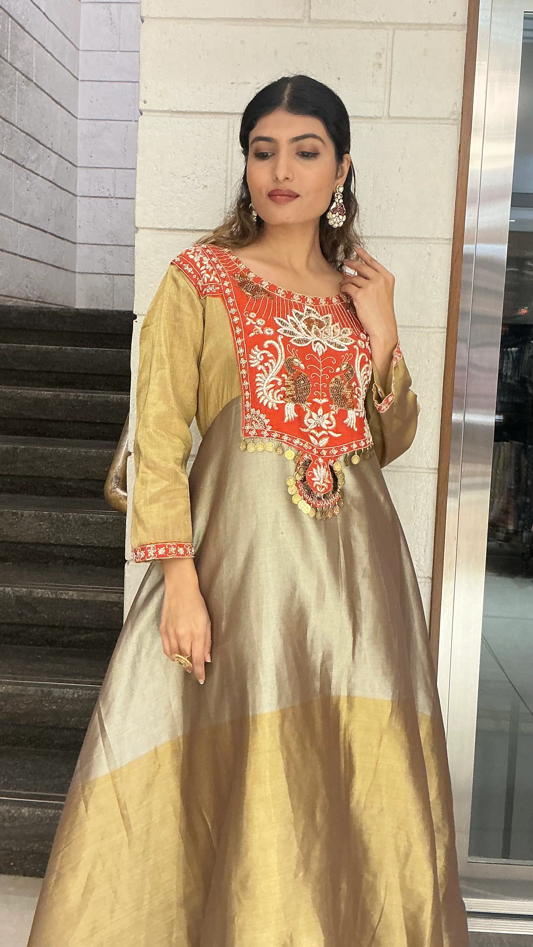 Gold & Olive Silk Blend Anarkali Gown with Traditional Embroidered Yoke - Image 6