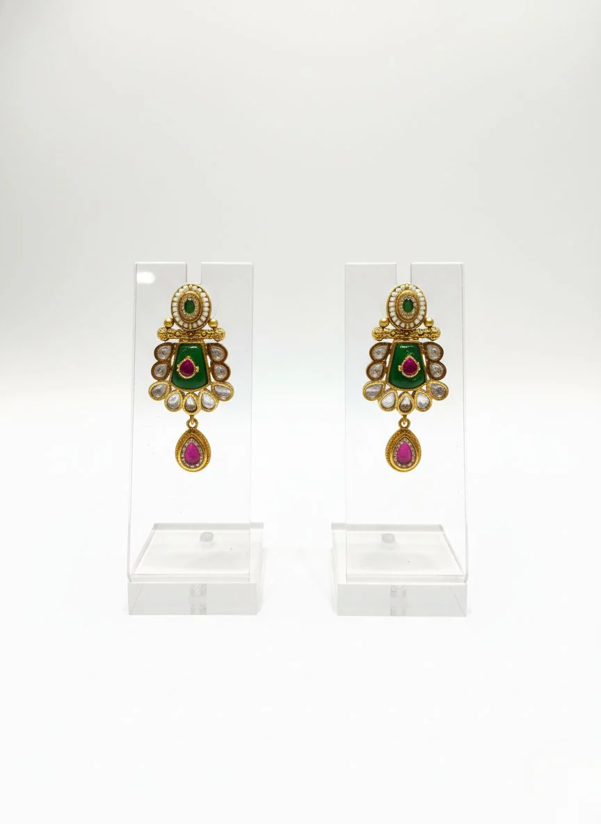 Gold-Plated Green Enamel Kundan Necklace Set with Ruby Drops - Image 2