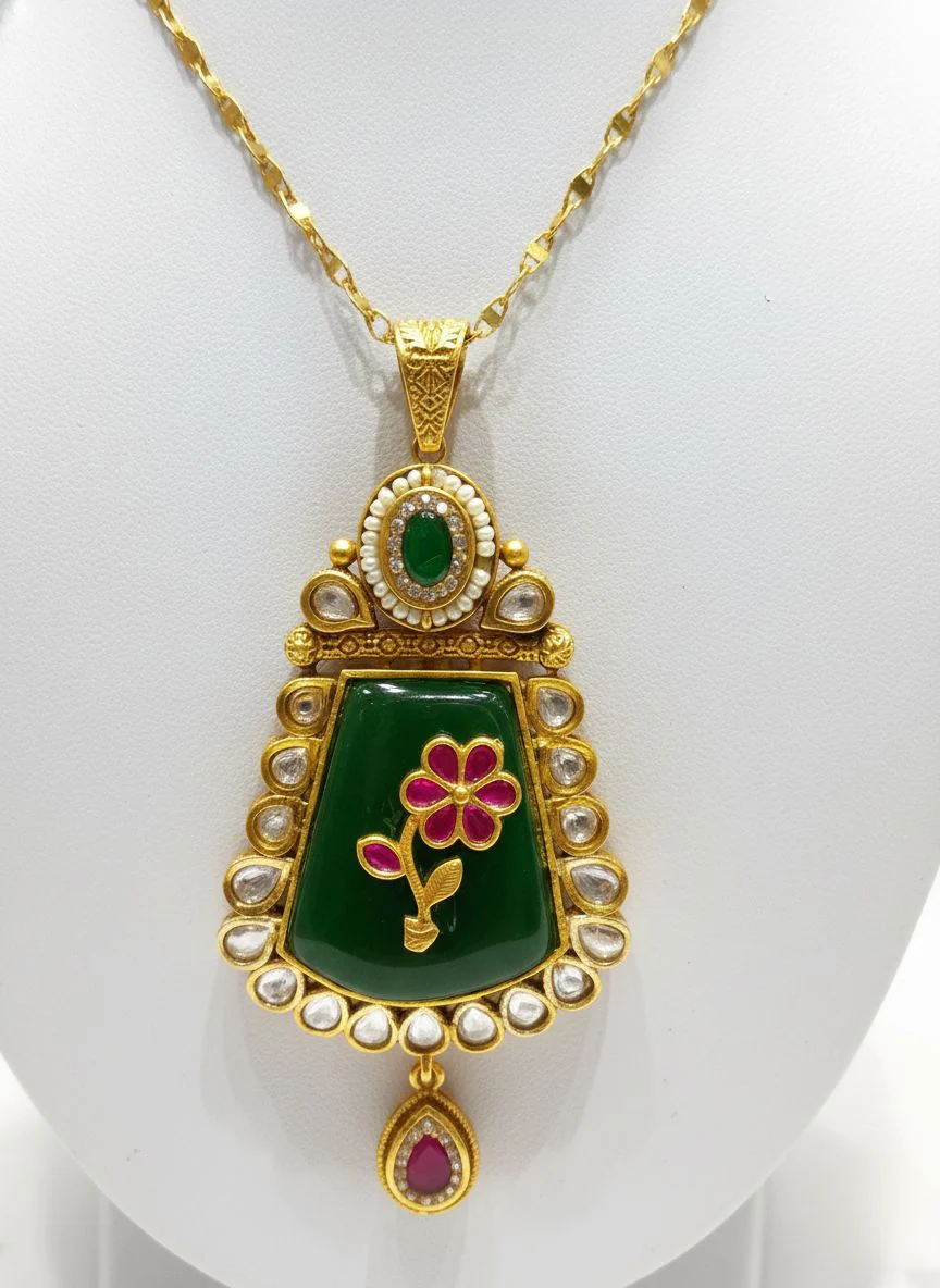 Gold-Plated Green Enamel Kundan Necklace Set with Ruby Drops - Image 3