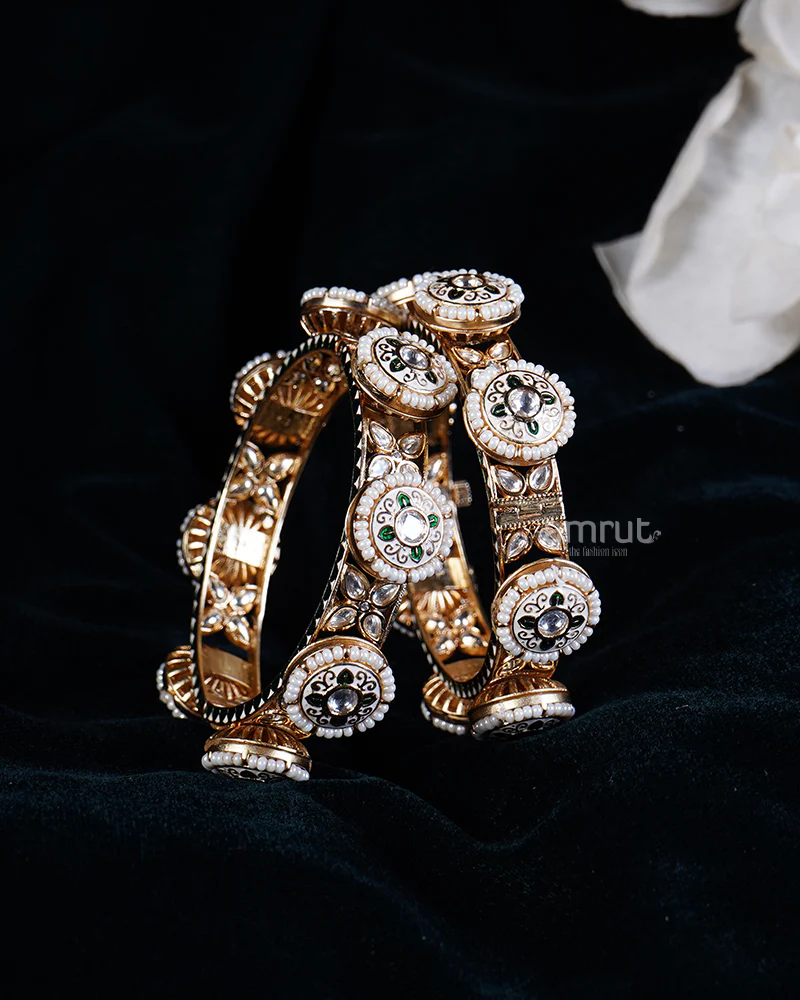 Gold-Plated Kundan Polki Pacheli Bangles with Jade Stones - Image 2