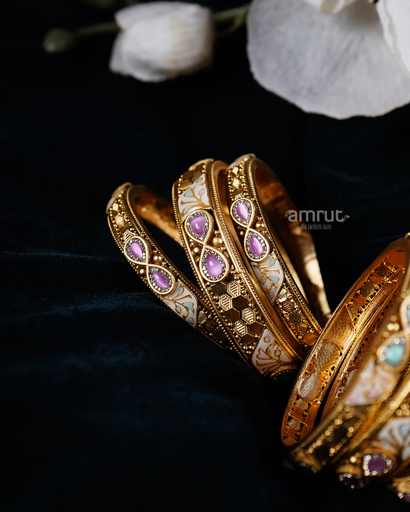 Gold-Plated with Intricate Designs and Colorful Gemstone Inlays Bangles - Image 2