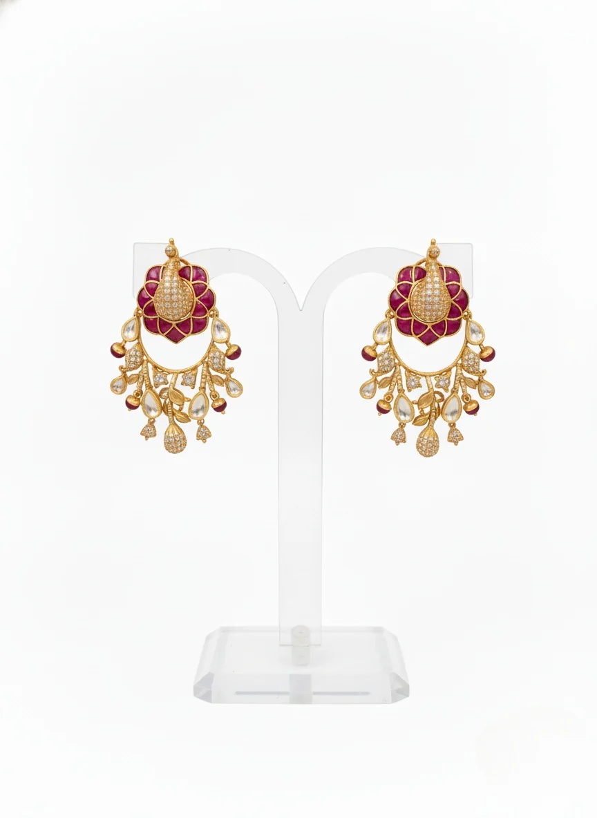 Gold & Ruby Peacock Design Kundan Necklace Set with Matching Statement Earrings - Image 2
