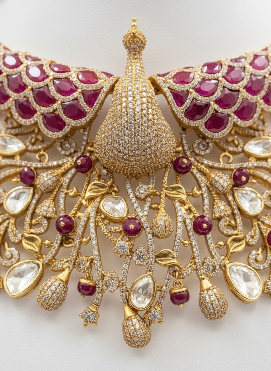 Gold & Ruby Peacock Design Kundan Necklace Set with Matching Statement Earrings - Image 3