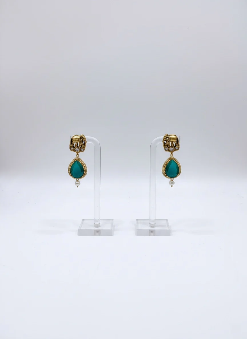 Gold Temple Haram with Green Stone Pendant & Earrings - Image 2