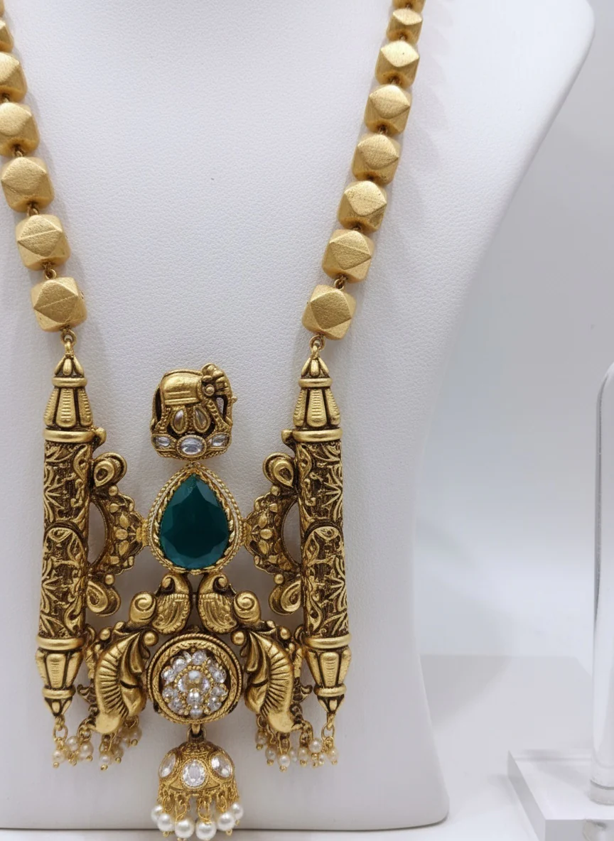Gold Temple Haram with Green Stone Pendant & Earrings - Image 3