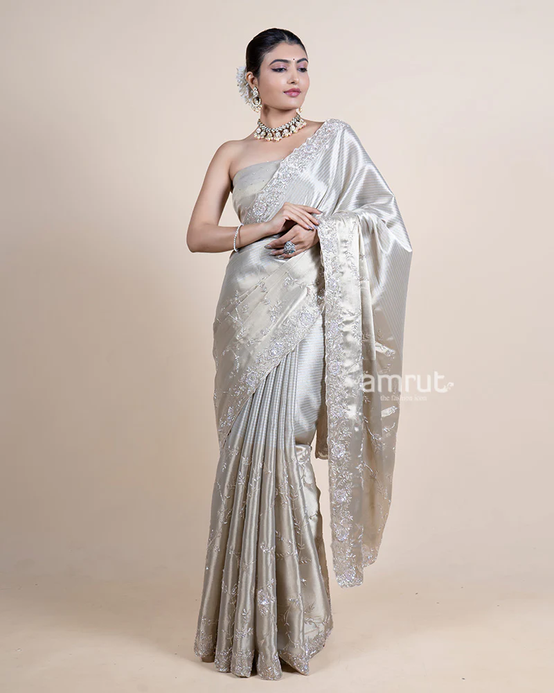 Gold Tissue Saree with Pure Handwork and Unstitched Blouse - Image 4