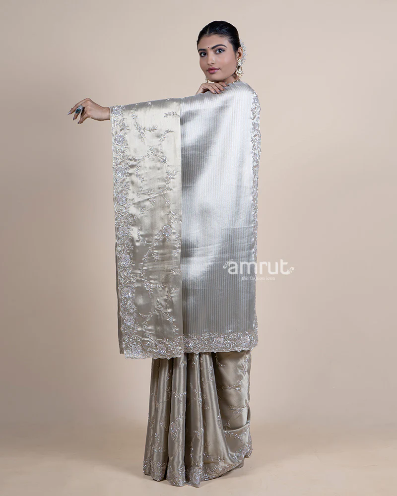Gold Tissue Saree with Pure Handwork and Unstitched Blouse - Image 5