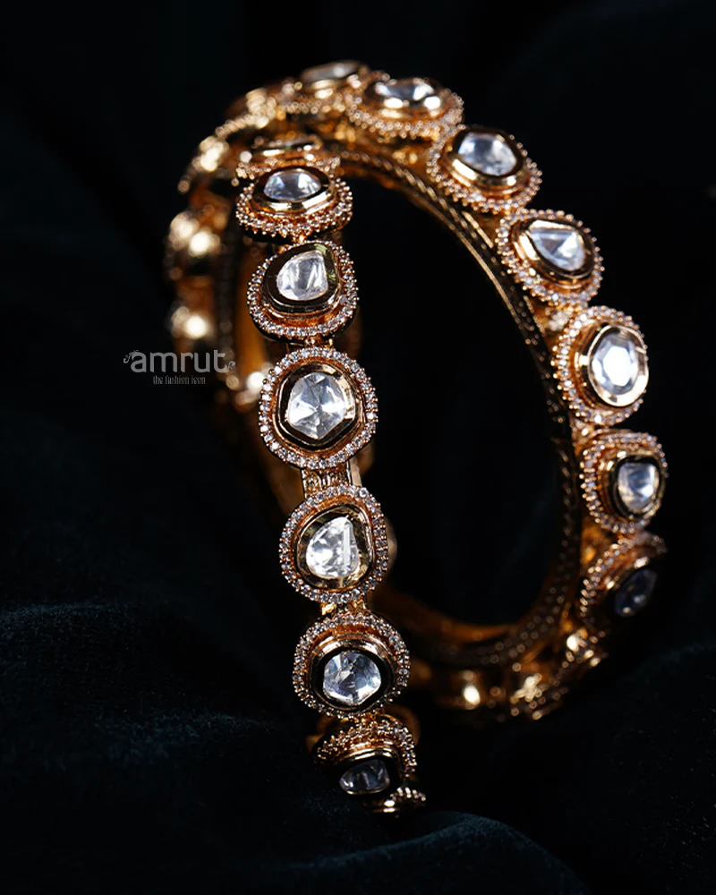 Gold-Toned Bangle Set with Faceted White Stones - Image 2