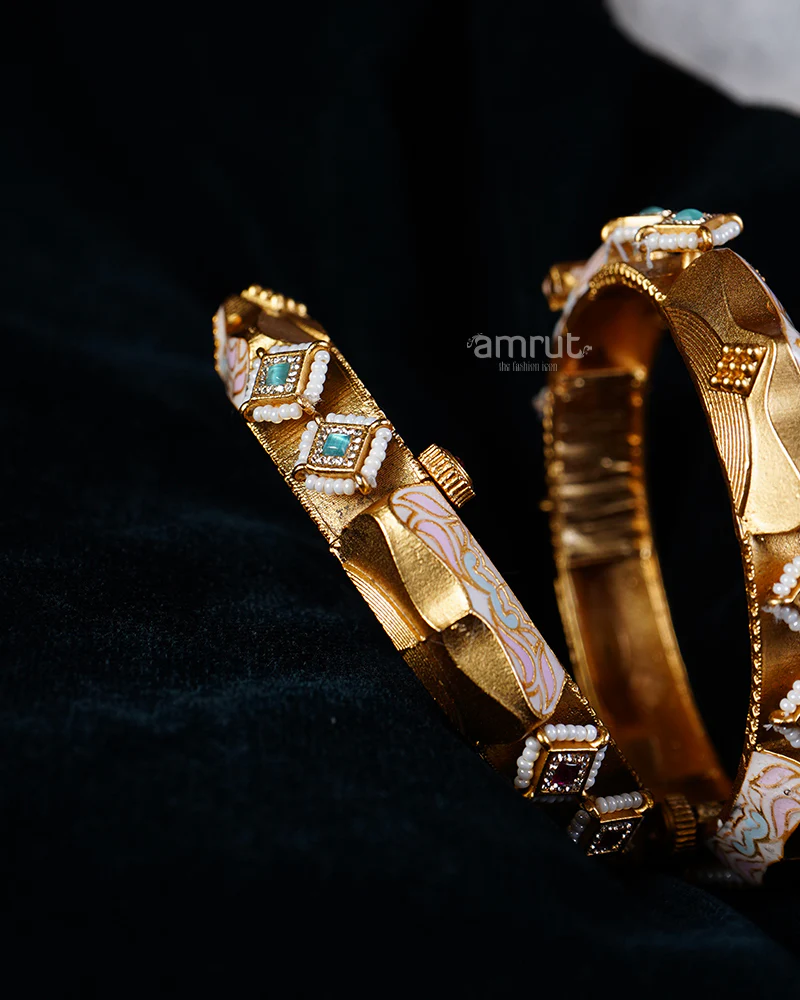 Gold Toned Bangle Set with Gemstones and Enamel Inlay - Image 2