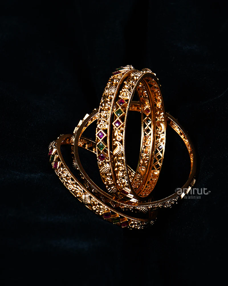 Gold-Toned Bangles with Red and Green Gemstone Accents - Image 2