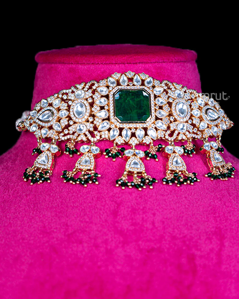 Gold-Toned Choker Necklace with Emerald Green Gemstone, Diamonds, Beaded Pendants, and Earrings Set - Image 2