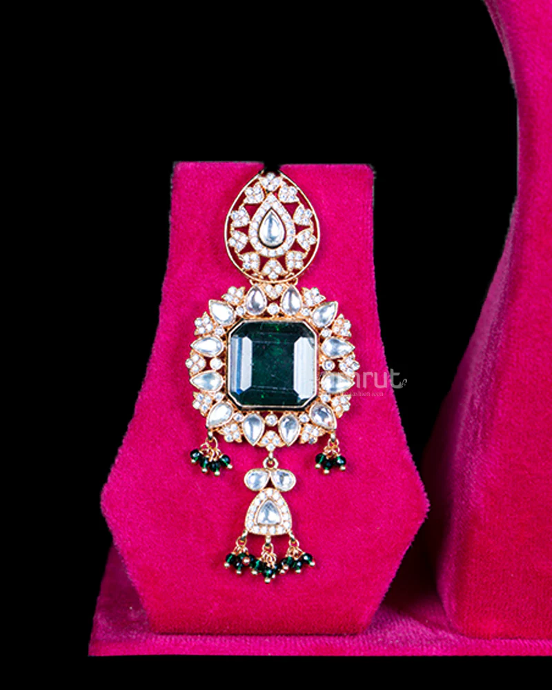 Gold-Toned Choker Necklace with Emerald Green Gemstone, Diamonds, Beaded Pendants, and Earrings Set - Image 3