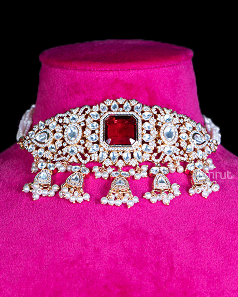 Gold-Toned Choker Necklace with Emerald Red Gemstone, Diamonds, Beaded Pendants, and Earrings Set - Image 2