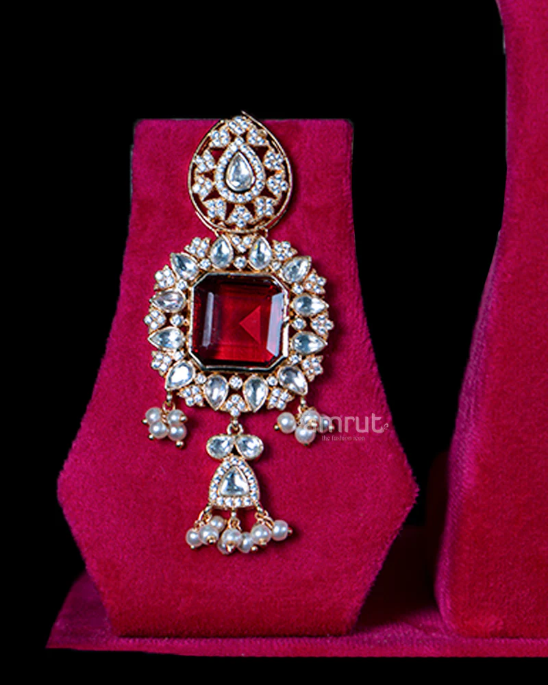 Gold-Toned Choker Necklace with Emerald Red Gemstone, Diamonds, Beaded Pendants, and Earrings Set - Image 3