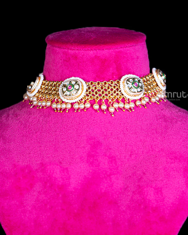 Gold-Toned Choker Necklace with Green and White Accents, Pearl Fringe, and Matching Long Earrings - Image 2