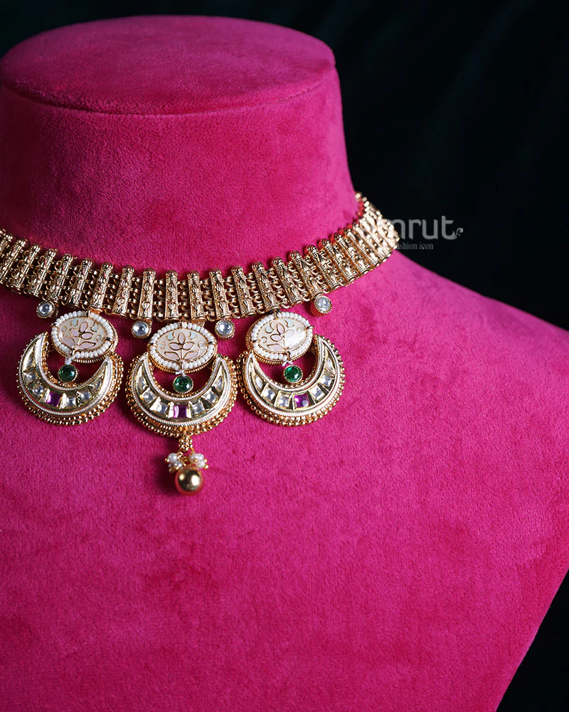 Gold Toned Crescent Pendants and Emerald Green Stones Choker Necklace - Image 2