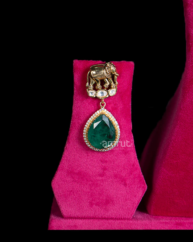 Gold-Toned Elephant Carved Long Necklace with Emerald Green Gemstones and Matching Earrings - Image 2