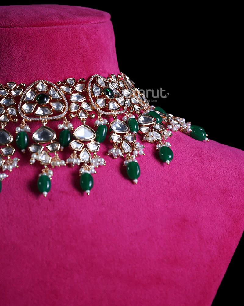 Gold Toned Emerald Beads and Green Pearl Accents Necklace - Image 2