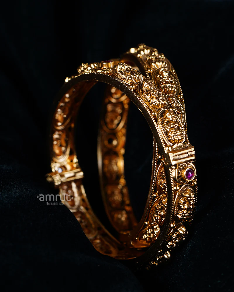 Gold-Toned Filigree Bangle Set with Ruby Gemstones - Image 2