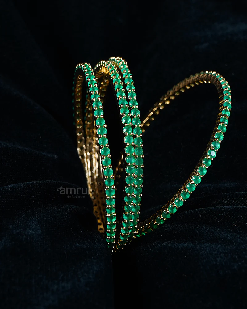 Gold-Toned Green Emerald-Colored Stones Four Bangle Set - Image 2