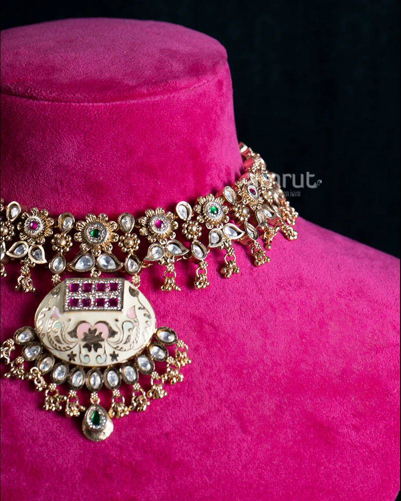Gold Toned Layered Choker Necklace with Colorful Gemstones and Embellished Pendant - Image 2