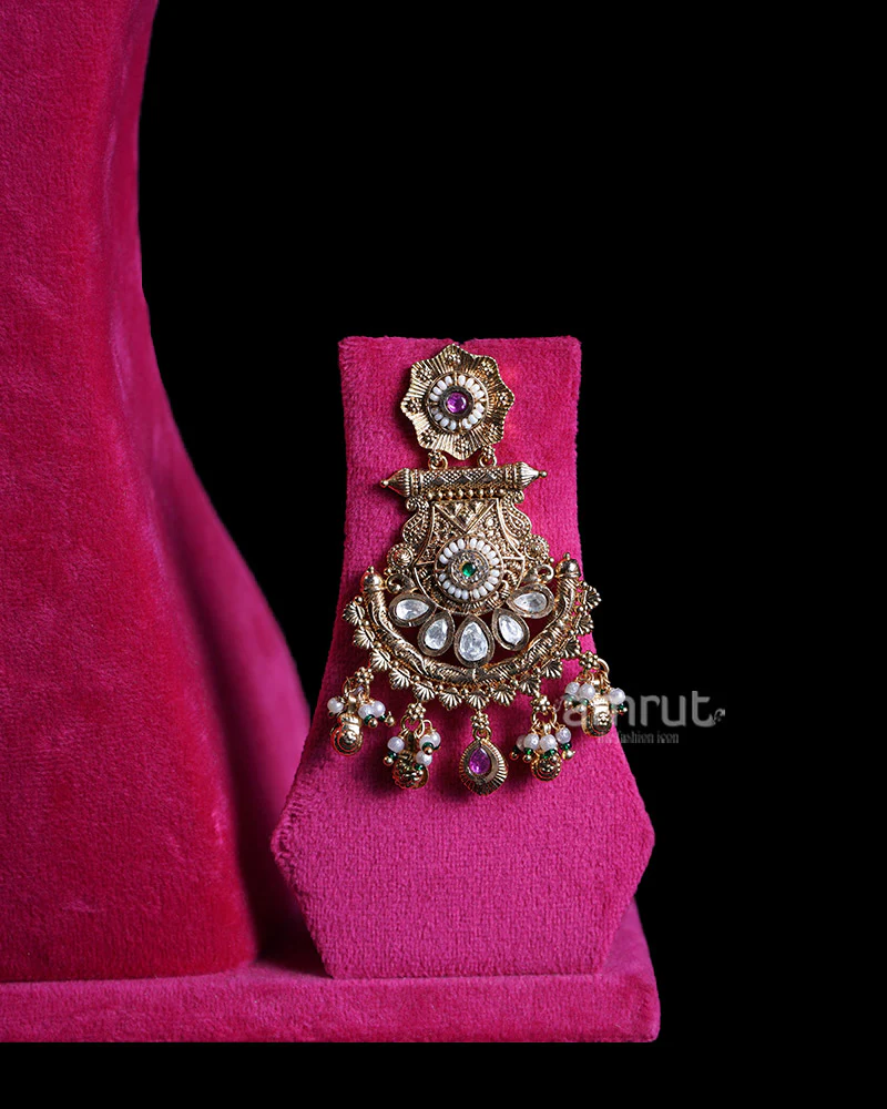 Gold Toned Multi Strand Necklace with Ornate Pendant and Matching Earrings - Image 3