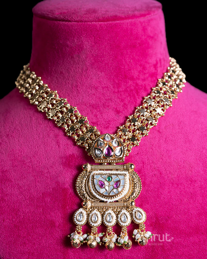 Gold Toned Multi Strand Necklace with Pearl Pendant and Gemstone Accents - Image 2