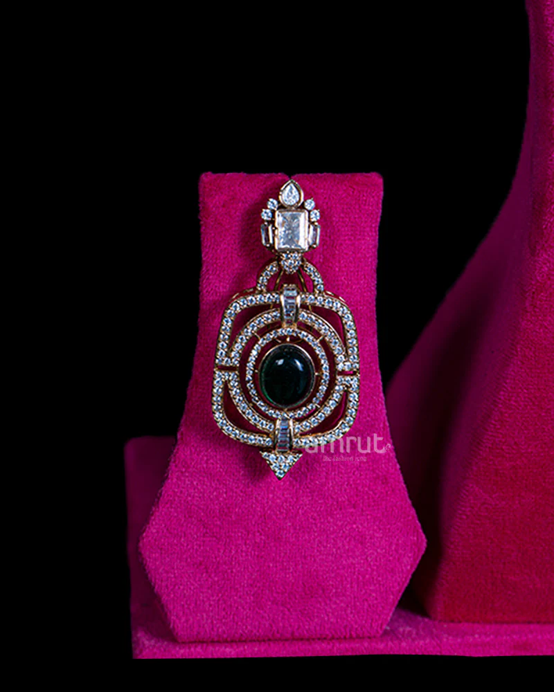 Gold-Toned Necklace with Dark Green Gemstone Pendants, Diamond Accents, and Earrings - Image 2
