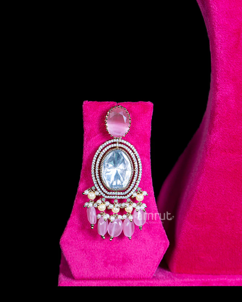 Gold-Toned Necklace with Oval Gemstones Cascading Pink Teardrop Beads and Matching Earrings - Image 2