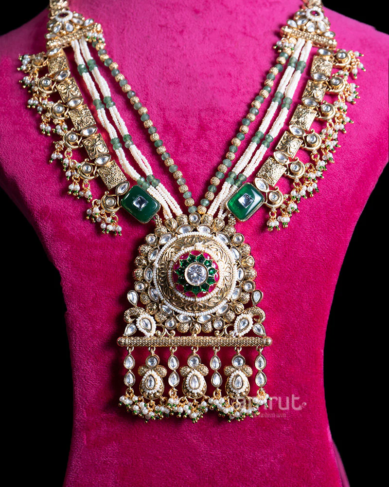 Gold Toned Necklace with Pearl Strands Crystal Pendant and Dangle Charms - Image 2
