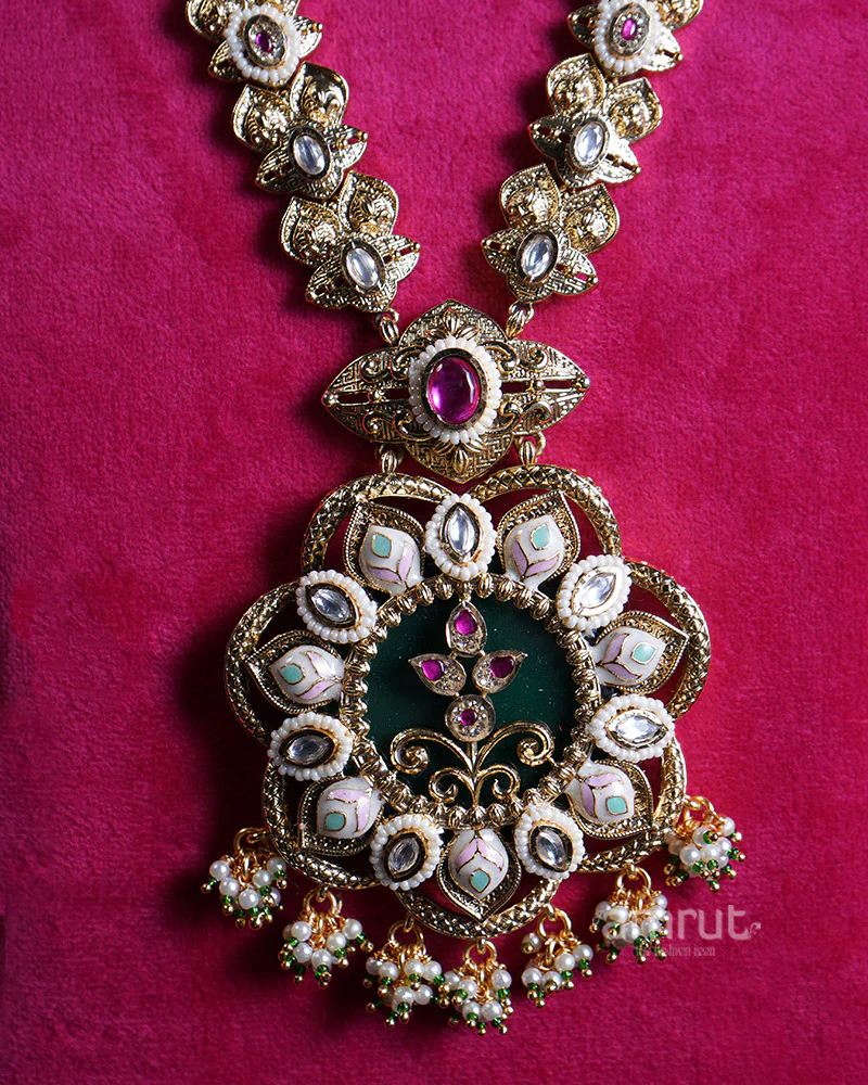 Gold Toned Ornate Flower Pendant and Gemstone Accents Long Necklace - Image 2