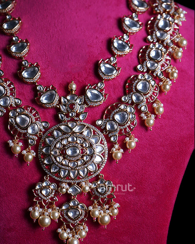 Gold Toned Pearl Beads and Red Gemstones Emerald Layered Necklace - Image 2