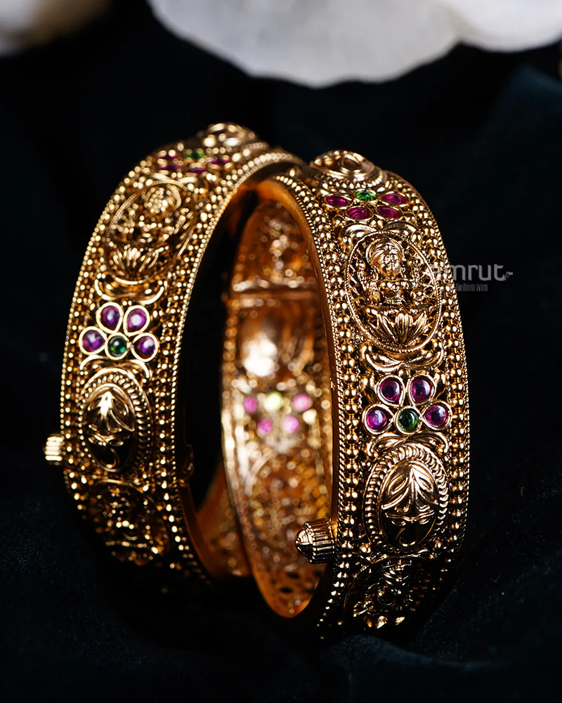 Gold with Intricate Patterns and Red-Green Gemstone Motifs Bangles - Image 2