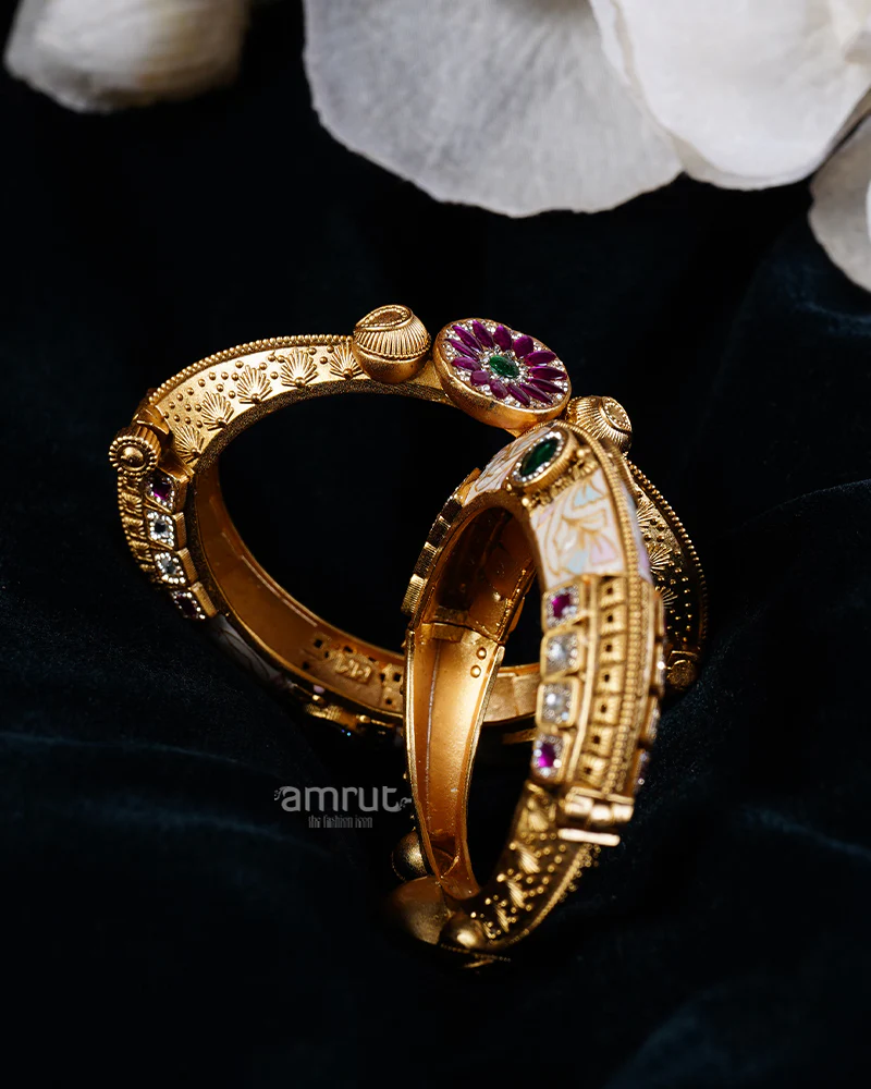 Gold with Intricate Patterns and Ruby-Emerald Gemstone Inlays Bangles - Image 2