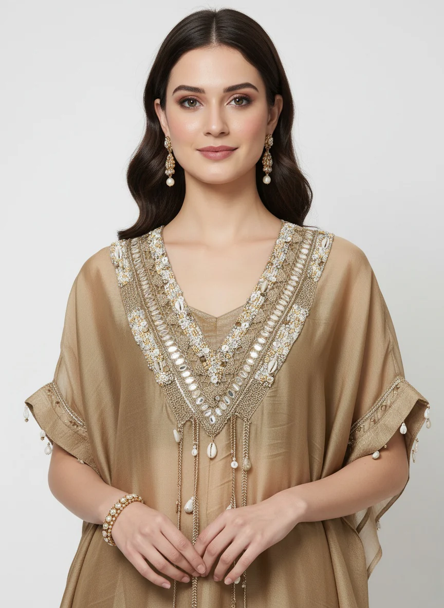 Golden Beige Embellished Kaftan Kurta with Palazzo Pants – Indo-Western Festive Set - Image 2