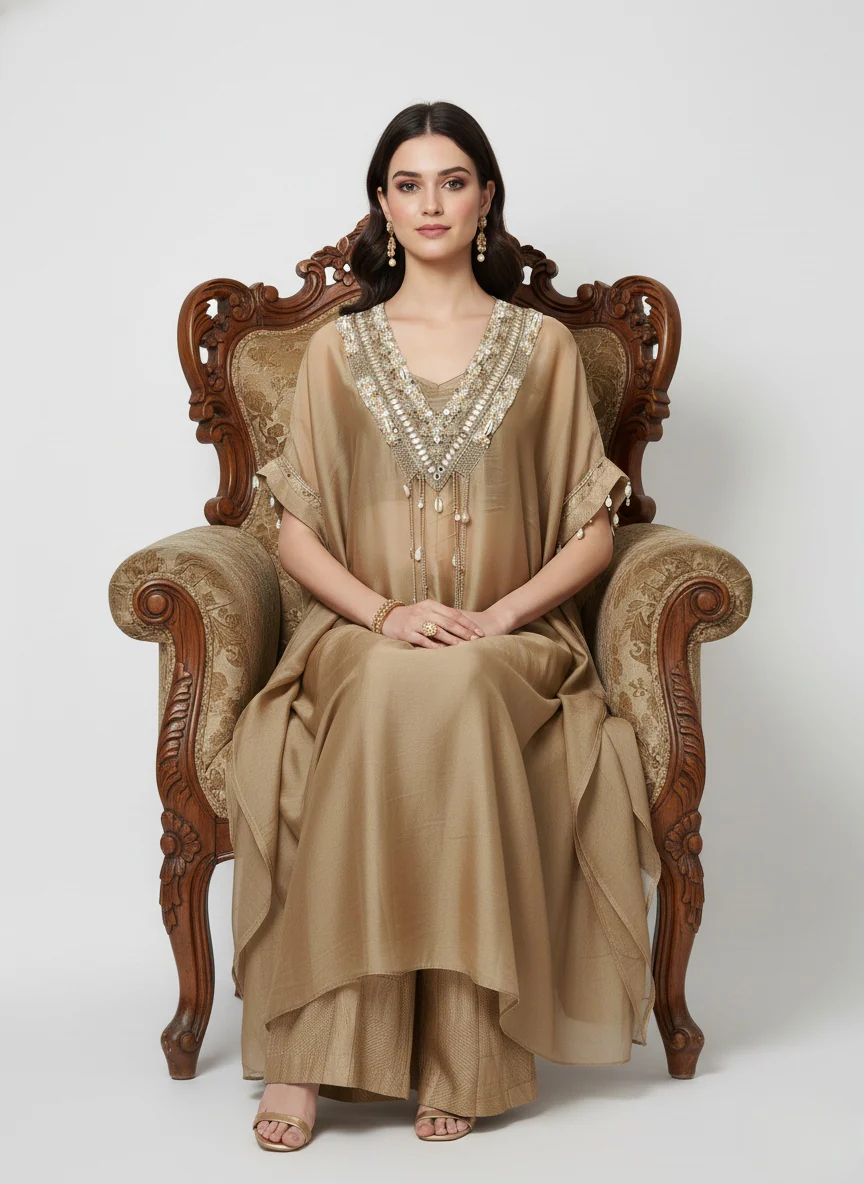Golden Beige Embellished Kaftan Kurta with Palazzo Pants – Indo-Western Festive Set - Image 3