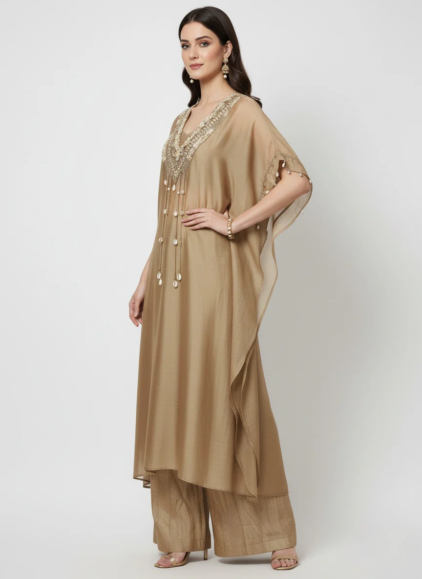 Golden Beige Embellished Kaftan Kurta with Palazzo Pants – Indo-Western Festive Set - Image 4